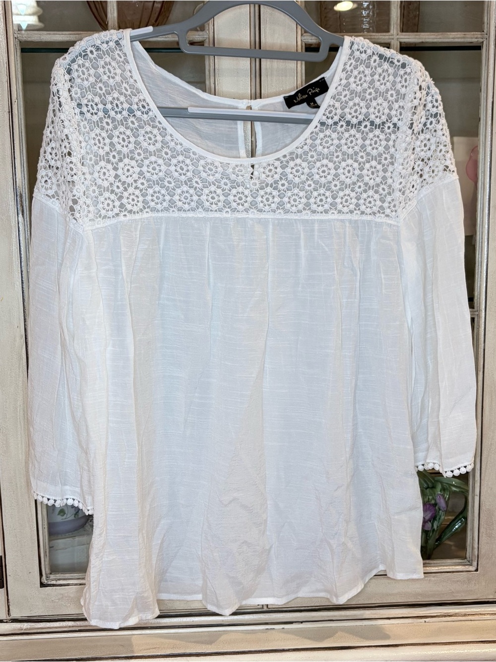 Melissa Paige White Lace Yoke Boho Peasant Blouse